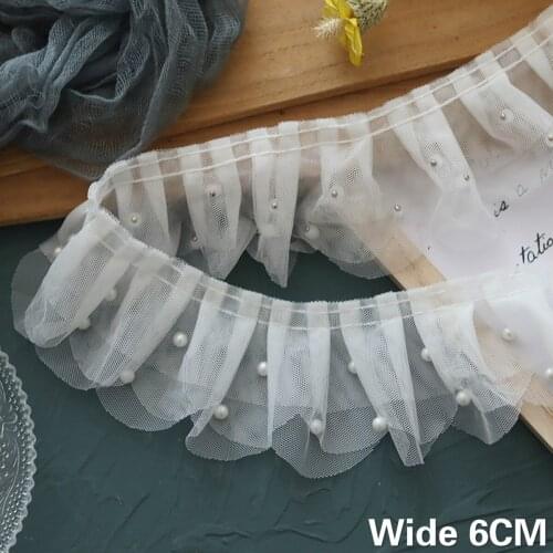6CM Wide Double Layers White Mesh Fabric 3d Pleated Lace Beaded Fringe Trim Embroidered Ribbon Cloth Patchwork DIY Sewing Decor