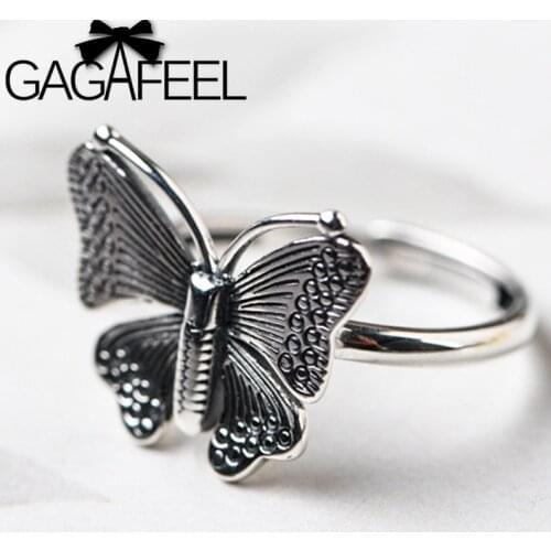 GAGAFEEL 925 Sterling Silver Thai Silver Butterfly Art Open Ring Fashion Engagement Party Rings for Women Fine Jewelry