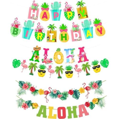 Summer Aloha/Fruit/Flamingo Theme Bunting Banner Party Hanging Banner Tropical Luau Party Decorations Pineapple Birthday Flags
