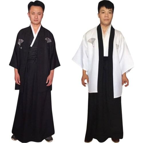 Mens Boys Japanese Traditional Samurai Men Kimono Warrior Robe Outfits Costume Kimono Yukata Haori Cardigan Shirt + Vest + Skirt
