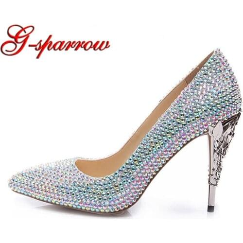 Factory Seller AB Crystal Wedding Banquet Shoes Pointed Toe Fashion Show Performance High Heels 4 Inches Beautiful Prom Pumps