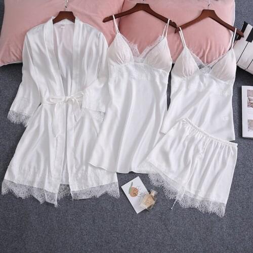 White Full Lace Pajamas Set Female 4PCS Ice Silk Kimono Robe Bathrobe Sexy Sleepwear Pyjama Lingerie Bride Wedding Dressing Gown