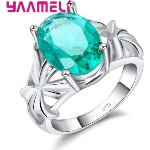 Hollow Flower Loop 925 Sterling Silver Ring With Oval Green AAA CZ Crystal Finger Rings for Women Girls Wedding Jewelry