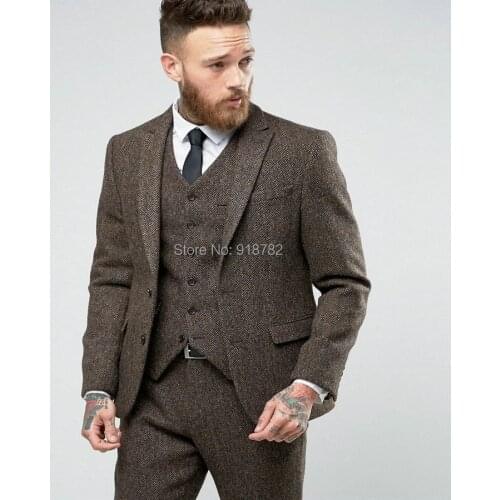 Latest Coat Pant Designs 2018 Custom Formal Tuxedo Brown Smoking Party Prom Dress Slim Fit Men Suit For Wedding Tweed Men Suit
