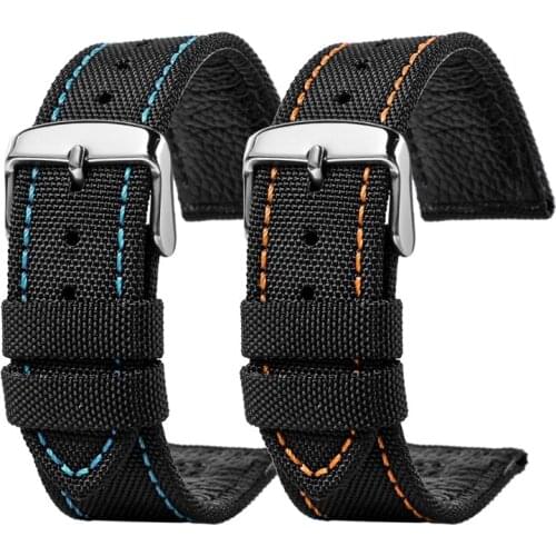 For Seiko Casio Men Premium Nylon Watch Band Black Orange/red/blue Line Army Green 20mm,22mm 24 Genuine Leather Breathable Strap