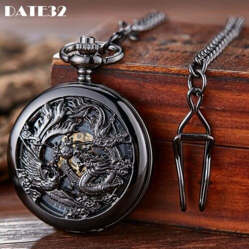 Roman Numerals Dial Mechanical Pocket Watch Antique Full Black Fob Chain Dragon Pattern Engraved Case Clock for Men Dropshipping
