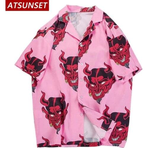 ATSUNSET Demon Print Shirt Hip Hop Streetwear Harajuku Shirt Hawaiian Short Sleeve Cotton Fashion Tops