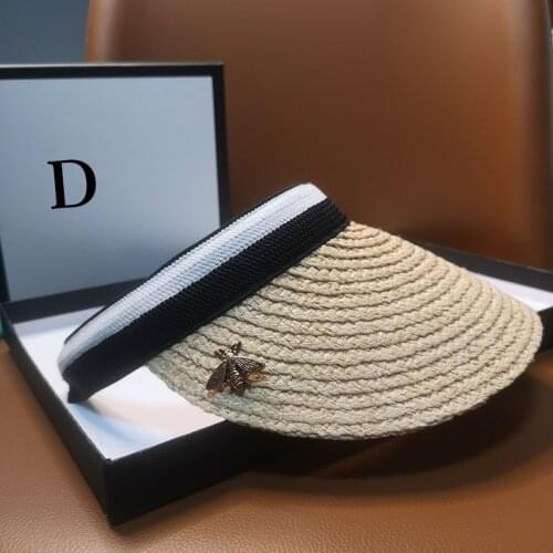 HT207 Sun Hats Small Bee Straw Empty Top Beach Cap and American Retro Braided Hat Female Loose Sunscreen Sunshade Visor Cap