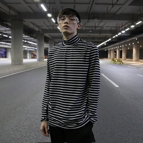 Style simple and versatile black and white striped high neck bottoming shirt street trend men and women casual cotton long s