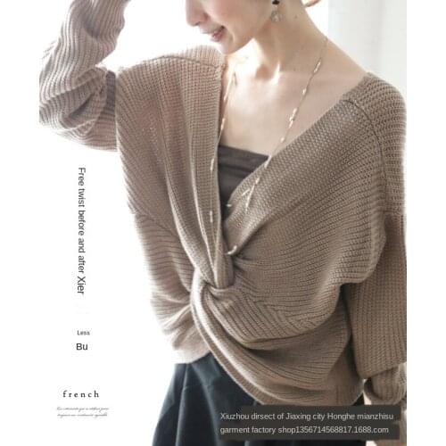 Sexy Deep V-neck Sweater Womens Backless Bat Sleeves Irregular Knotted Sweater Fashion Dual-use Pullover Autumn Clothes Women