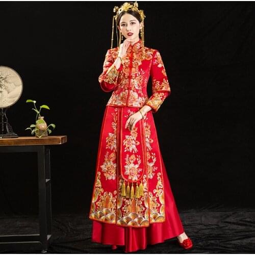 Traditional Chinese Wedding Couple Clothing Embroidery Cheongsam Refined Banquet Stylish Elegant Bride Dress китайская одежда