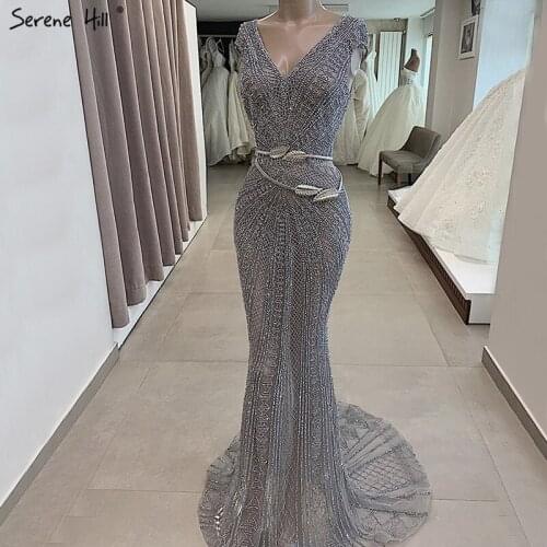 Serene Hill Dubai Grey Luxury Mermaid Design Evening Dress V-Neck Crystal Beading Formal Party Gown 2020 CLA60916