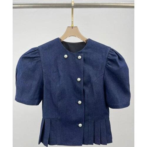 Women Girls New Fashion Casual Solid Jean Soft Denim Short Sleeve Shirt Tops Summer Button Pleated Single Breasted Blouse Hot