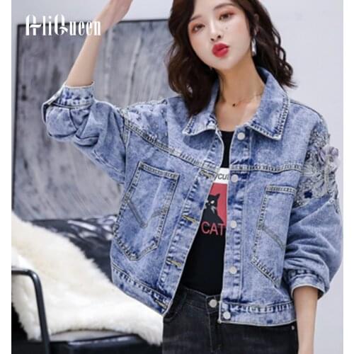 Woman Vintage Beading Lace Floral Embroidered Handmade Denim Jackets Women Raglan Sleeves Big Pocket Short Coats Plus Size 3XL