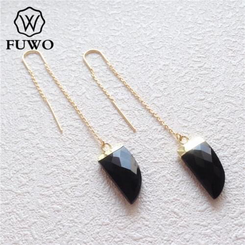 FUWO Natural Black Tourmaline Threader Earrings Gold Brass Plated Minimalist Design Horn Shape Jewelry For Women ER012