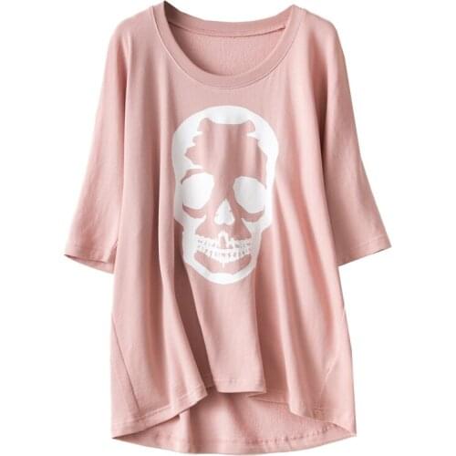 Front Skull Print Oversized Women Tops 2020 New Fashion PInk Grey Cotton Sweatshirt 3/4 Sleeves Lady Tops