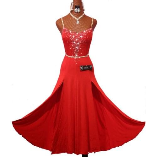 Sparkly Rhinestones Red Latin Dance Dress with Accessories for Women Stage Performance Cha Cha Rumba Samba Practice Clothes Lady