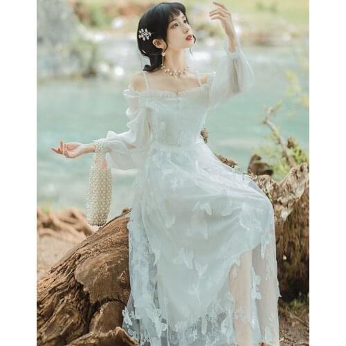 Cottage Style Butterfly White Fairy Dress Woman Vintage Straps Slash Neck Long Design Beach Dresses Vestido Blanco Robe Plage