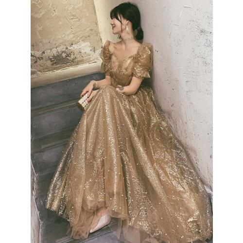 Sexy Square Neck Evening Dresses Women Elegant Champagne A-line Floor-length Long Formal Gowns Robe De Soiree вечернее платье