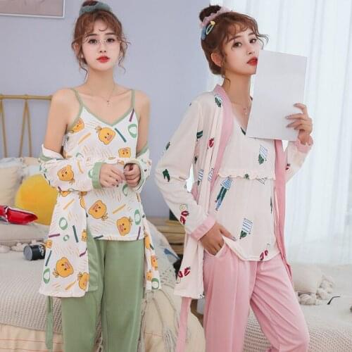3PCS Sexy Long Sleeve Robes Pajama Sets Women Autumn Cute Cartoon Print Sleepwear Suit Pyjama Homewear Pijama Mujer Home Clothes