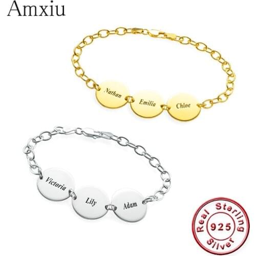Amxiu Personalized 925 Sterling Silver Bracelet Bangles Engrave Three Names Bracelets DIY Custom Jewelry For Family Sister Gift