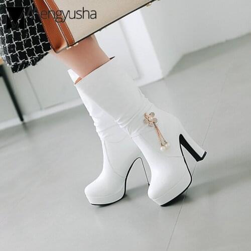White/pink/black thick bottom platform high heel boots women crystal decorate leather booties woman pearl chain mid-calf boots