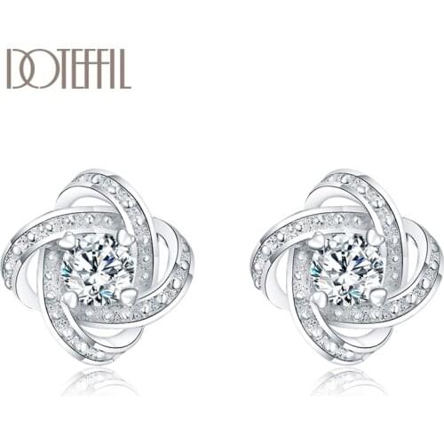 DOTEFFIL 925 Sterling Silver Weave Heart AAA Zircon Earrings for Women Wedding Fashion Stud Earrings Charm Jewelry