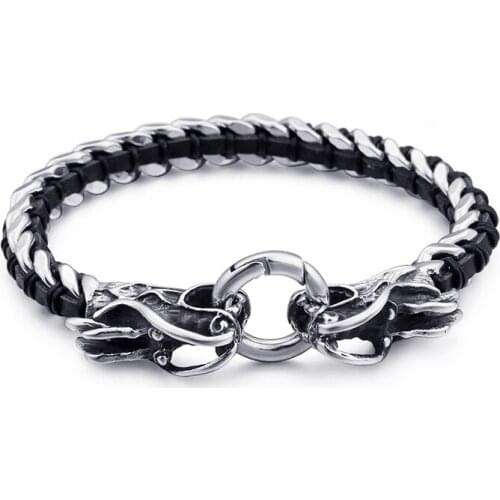 Jewels Store 8mm Dragon Bracelet Vintage High Quality Leather Stainless Steel Mens Bracelets JS101000-BD