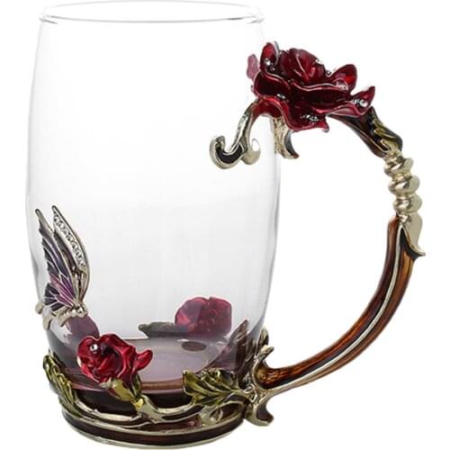 Enamel Coffee Tea Cup Mug 3D Rose Butterfly Glass Cups Wedding Gift A1
