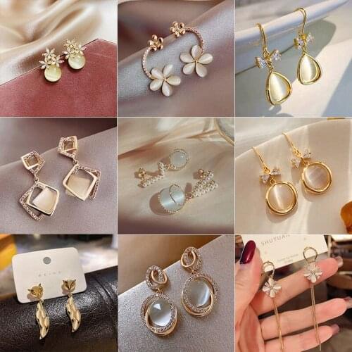 Minar Korean Sweet Shiny Opal Earrings for Women Gold Color Alloy Triangle Flower Love Heart Geometric Dangle Earrings Gifts