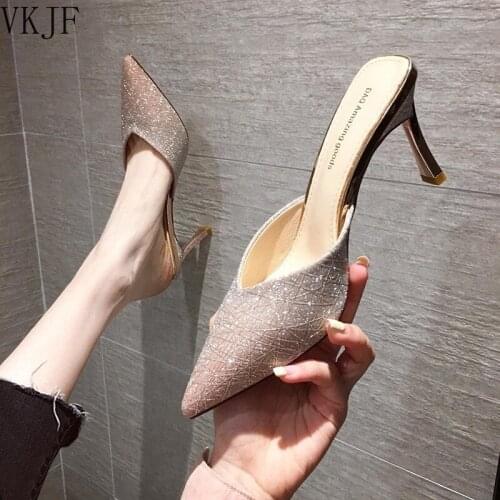 Slippers Women Summer Female Shoes Glitter Slides Thin High Heels Fashion Cover Toe Heeled Mules Luxury Pointed