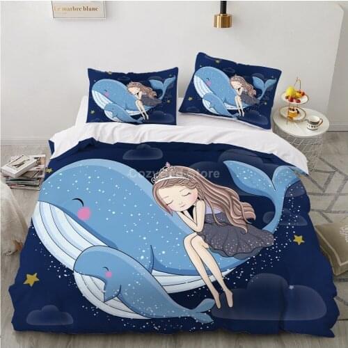 Whale And Girl Bedding Set 3d Duvet Cover Sets Comforter Bed Linen Twin Queen King Single Size Home Decor Animal Kids Cartoon