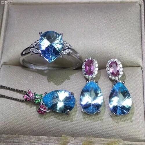 Natural Topaz jewelry set Natural Real Topaz 925 sterling silver 1pc pendant,1pc ring ,2pcs Earring