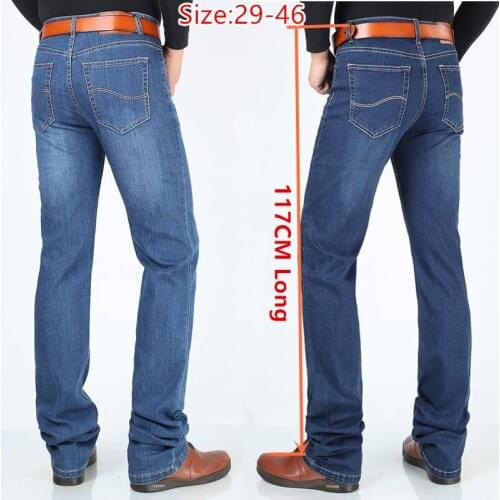 Extra Long Pants 117CM Tall Men 195CM Plus Size 42 44 46 Classic Blue Stretched High Waisted Elastic Trousers Denim Slim Jeans
