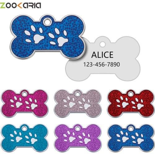 Personalized Pet ID Tags Engraved Pet ID Name Number for Cat Dog Puppy Collar Tag Pendant Bone/Paw Glitter Pet Accessories