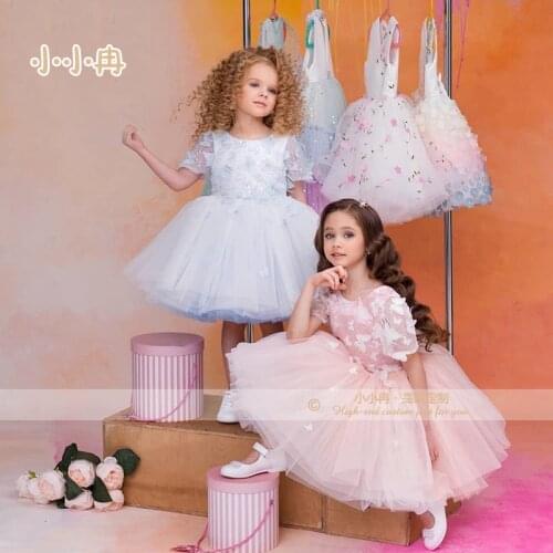 Appliques Dress Flower Girls Dresses Short Sleeve Birthday Party Girls Pageant Gowns First Christening Communion Dress