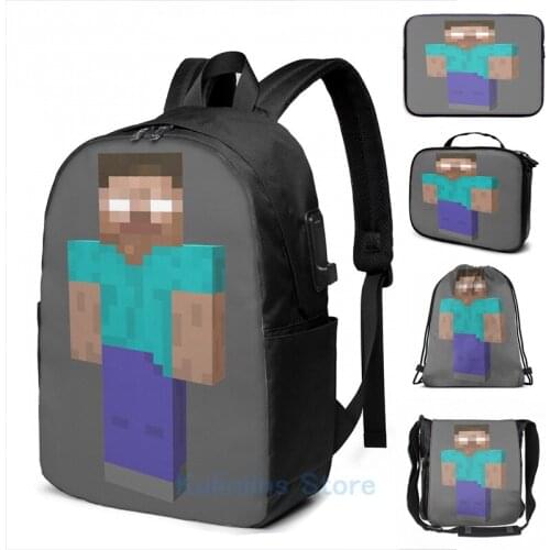 Funny Graphic print Herobrine USB Charge Backpack men School bags Women bag Travel laptop bag
