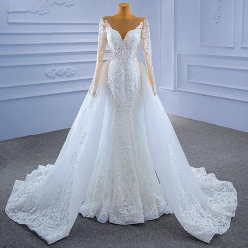 N.67250 Mrmaid Wedding Dress 2021 Bridal Full Sleeves Sexy Back Long Ball Gown High Quality Detachable Train Wedding Gowns