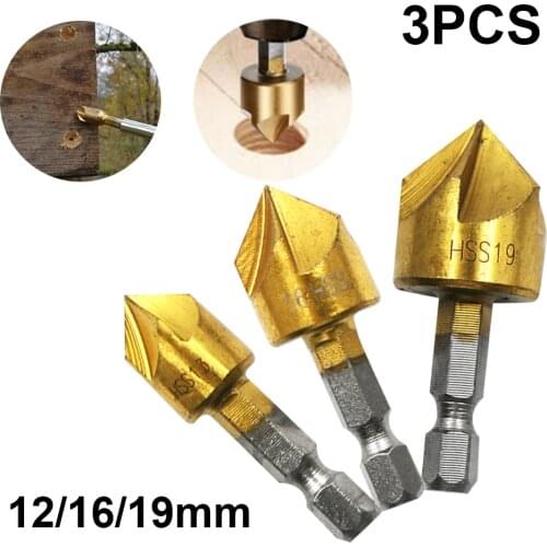 3PCS 5 Flute Chamfer Countersink Drill Bit 1/4" Hex Shank HSS Drill 90-degree Wood Chamfering Cutter