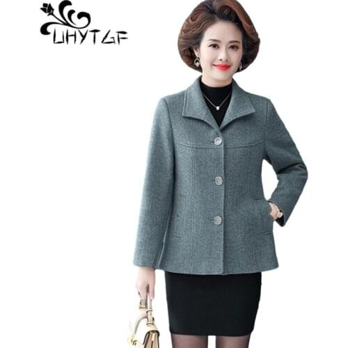 UHYTGF Elegant Mother Autumn Winter Woolen Coat Fashion Single Breasted Loose 5XL Plus Size Jacket Wild Casual Short Tops 1426