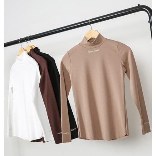 Women Long Sleeve T Shirt Embroidery Letter Turtleneck Tees Winter Warm Tumblr Shirt Knitted Lady Top Shirt White Soft Bottoming