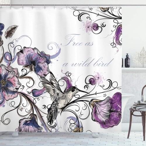 Hummingbird Shower Curtain Flowers Leaves Bird and Classic Patterns Curvy Lines Ornament Nostalgic Art Bathroom Decor Set