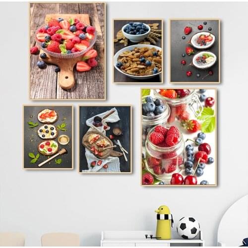 Breakfast with Natural Yogurt, Muesli Berry Art Nuts Food Canvas Painting Poster Prints Wall Pictures For Living Room Shop Decor