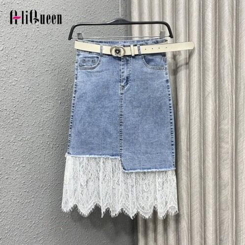 2021 Spring Summer Streetwear Women Vintage Black Lace Patchwork Midi Denim Skirt Blue Slim High Waist Plus Size Jean Skirts 2XL