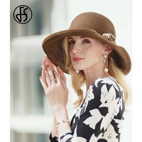 FS Foldable Black Straw Hat For Women Large Brim Summer Beach Hats 2021 Sun Shade Hat Chapeau Femme Wedding Ladies Caps Derby