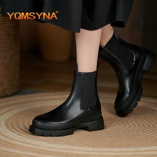 YQMSYNA Casual Womens Boots High Quality Handmade Genuine Leather Chelsea Boots Round Toe Flat with Office Lady Shoes AS315