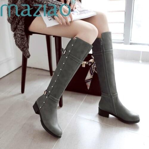 Womens Autumn Winter Med Heel Buckle Rivet Knee High Boots Fashion Zipper Long Boots High Quality Elegant Shoes Woman MAZIAO