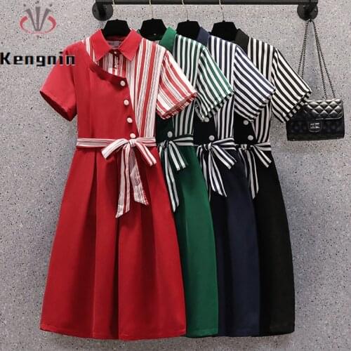 Oversize 5XL Women Dresses 2021 Summer Bow Sashes Ladies Vestidos Patchwork Striped Loose Female Robe Dresses Clothing KE1642