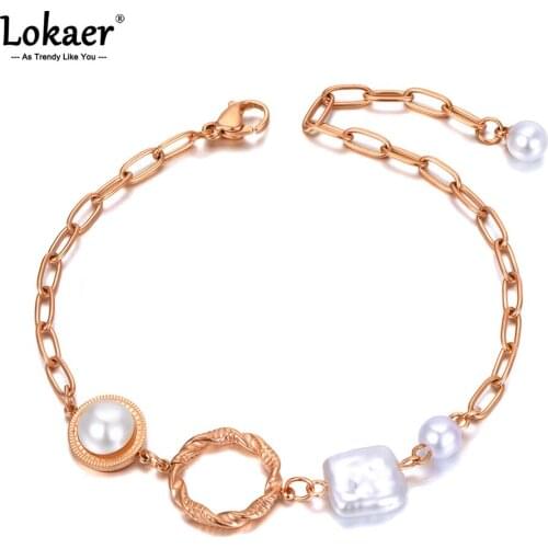 Lokaer Trendy Stainless Steel White Pearl Charm Bracelets For Women Girls Vintage Chain & Link Bracelet браслеты на руку B21043