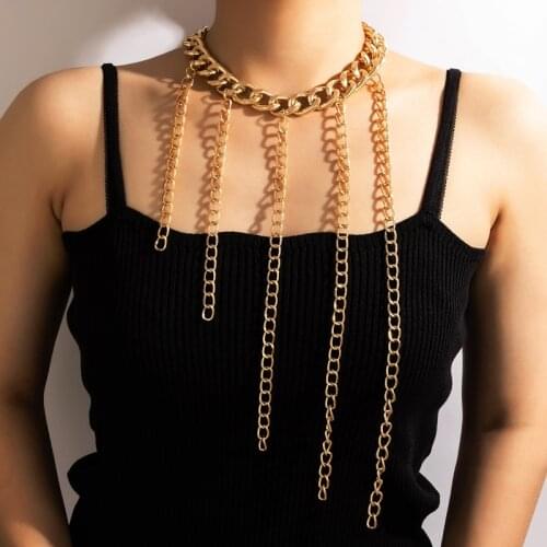 HuaTang Punk Link Chains Long Tassel Choker for Women Men Gold Color Alloy Metal Necklace Hip Hop Jewelry Accessories 18749